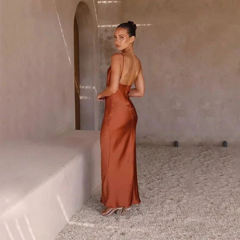 Maya - Women's long satin dress with cowl neck and no sleeves - photo 10