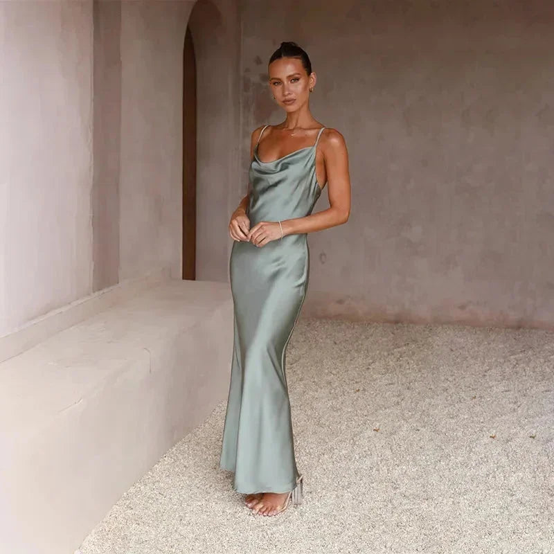Maya - Women's long satin dress with cowl neck and no sleeves - photo 2