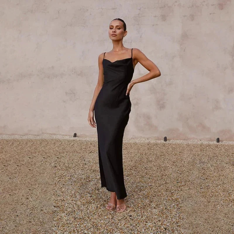 Maya - Women's long satin dress with cowl neck and no sleeves - photo 4
