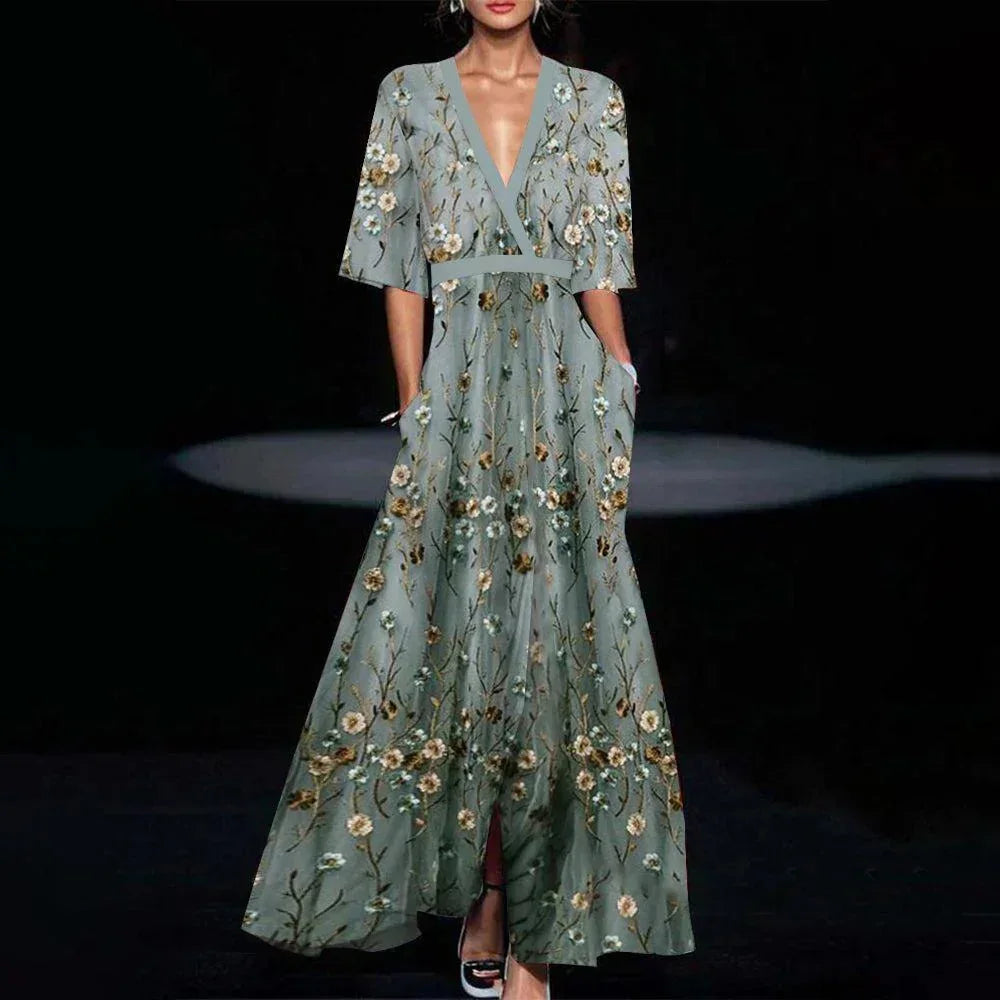 Beatrice - Women's long green floral dress with a low neckline and pockets - photo 1