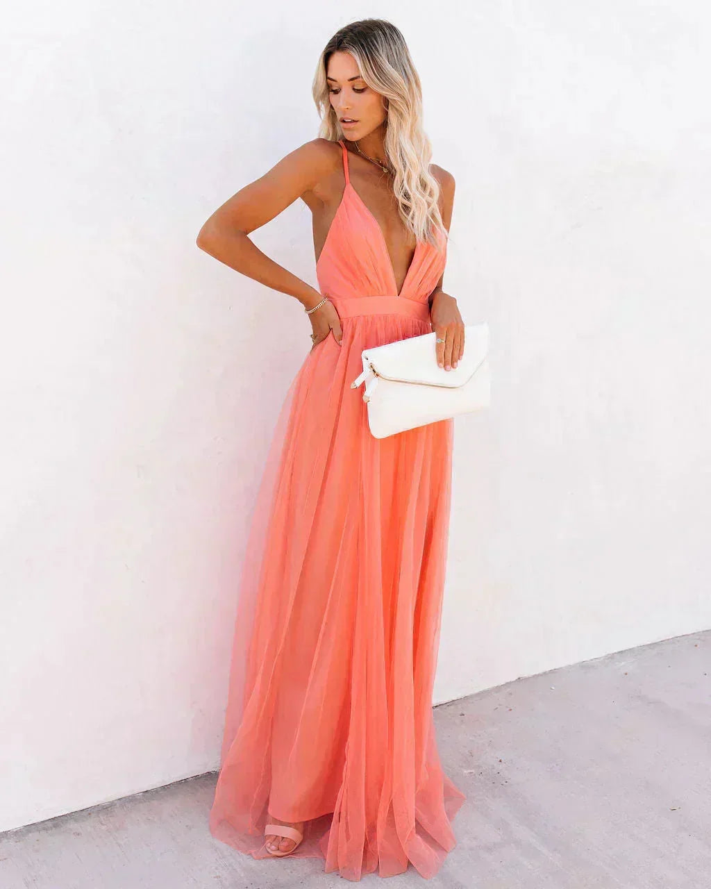 Karen - Women's Long orange backless dress with thin straps for summer evenings - photo 3