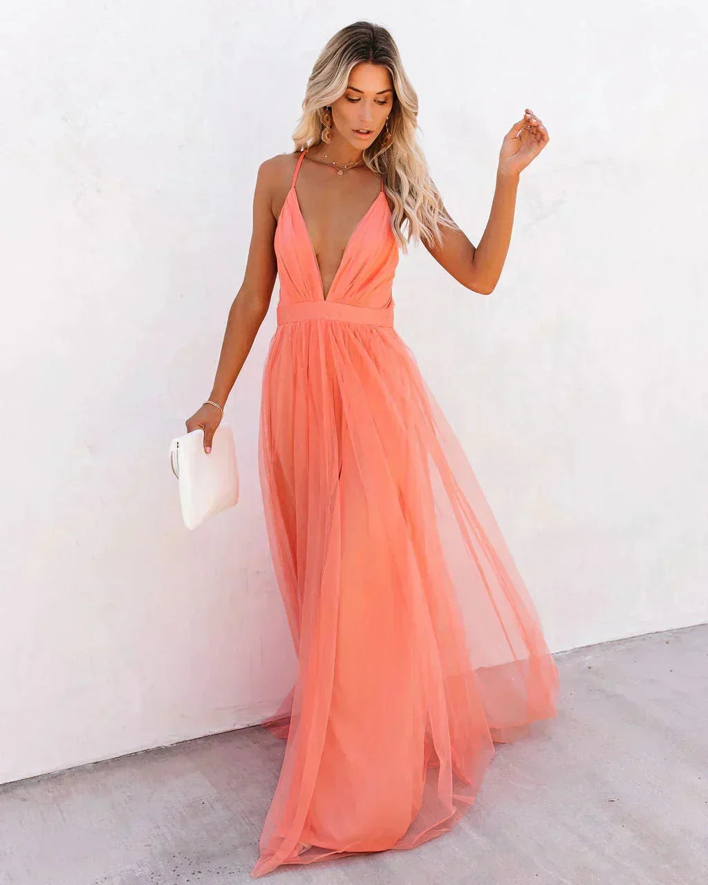 Karen - Women's Long orange backless dress with thin straps for summer evenings - photo 4
