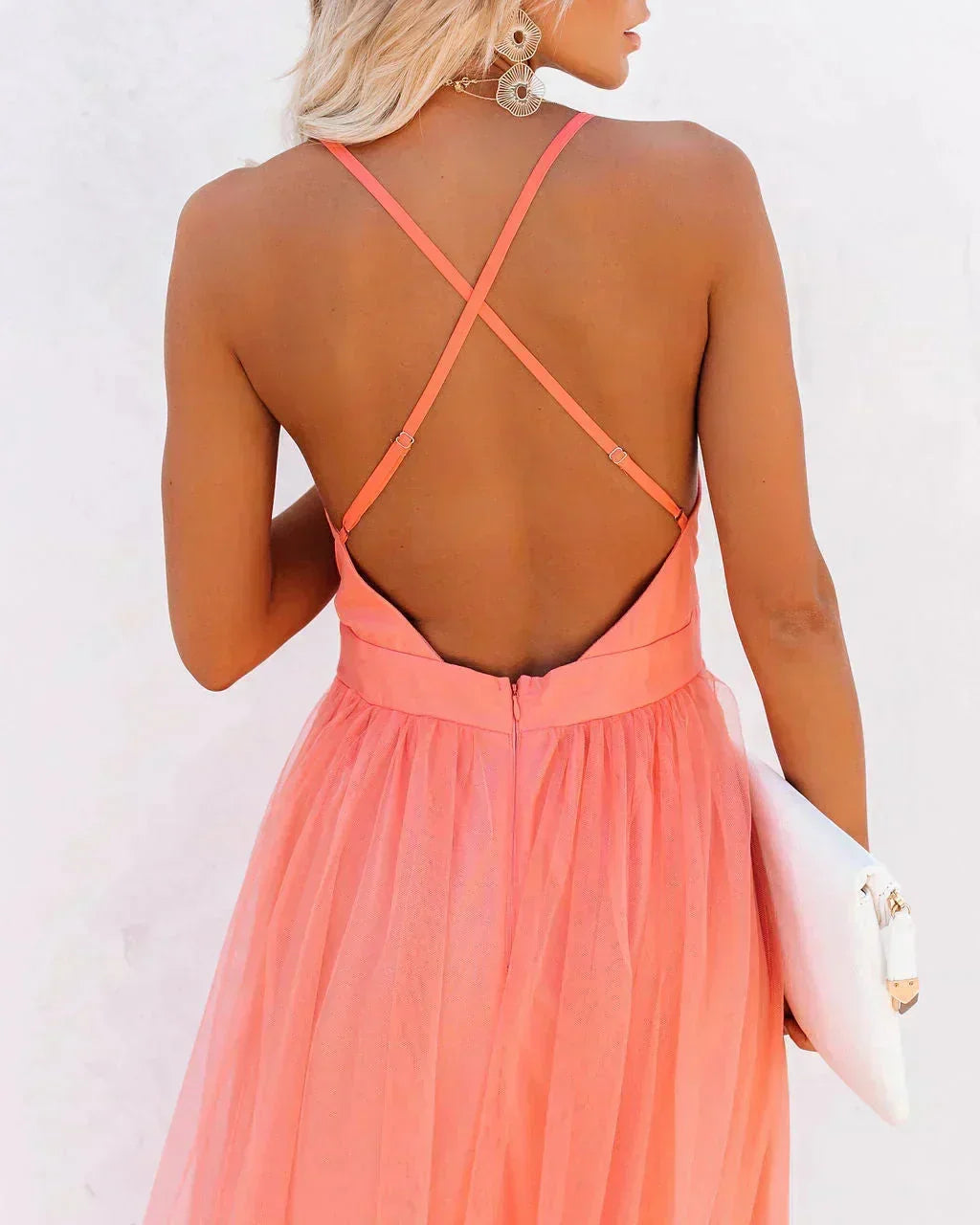 Karen - Women's Long orange backless dress with thin straps for summer evenings - photo 5