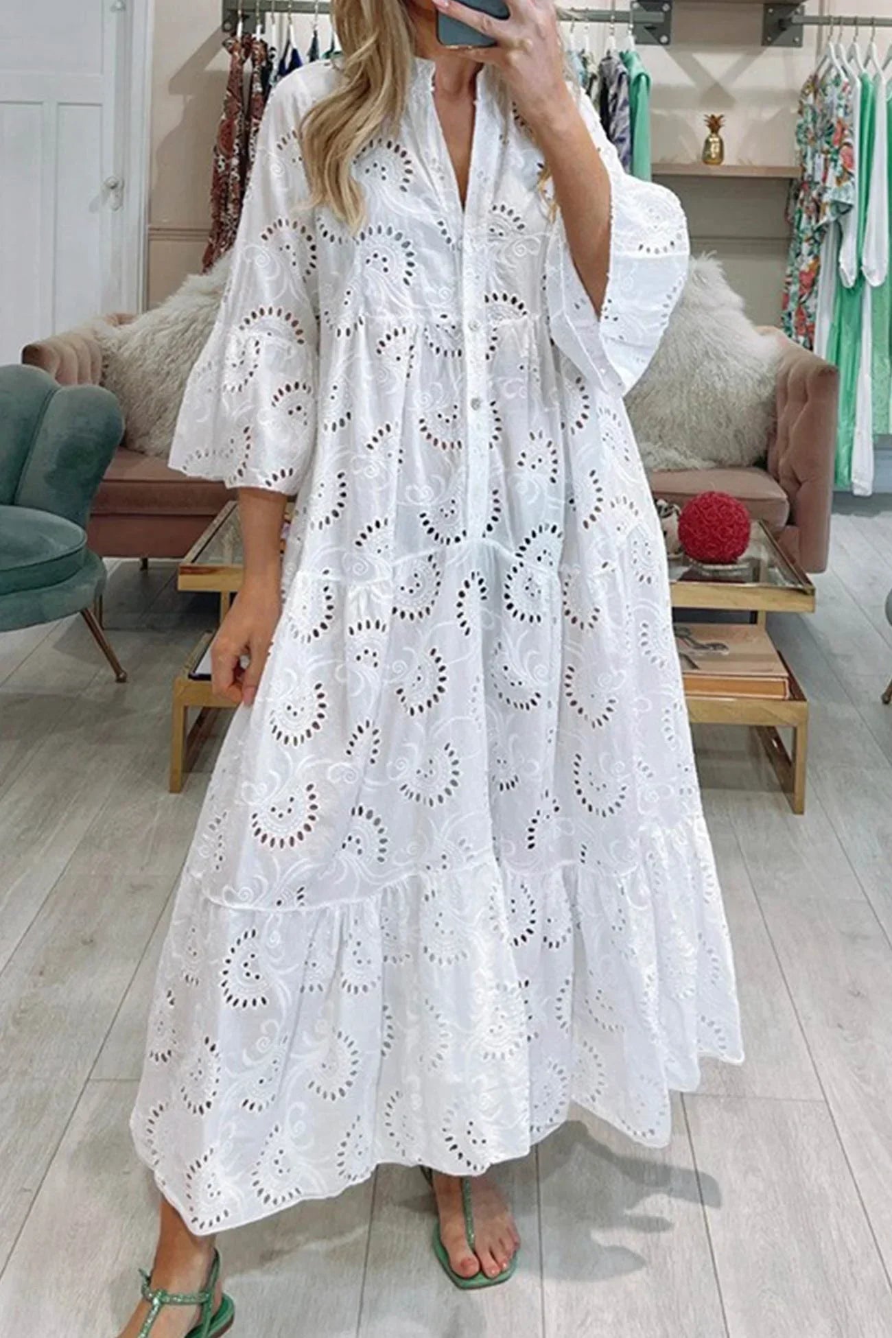 Emmy - Women's Openwork Summer Maxi Dress with V Neck and 3/4 Sleeves - photo 1