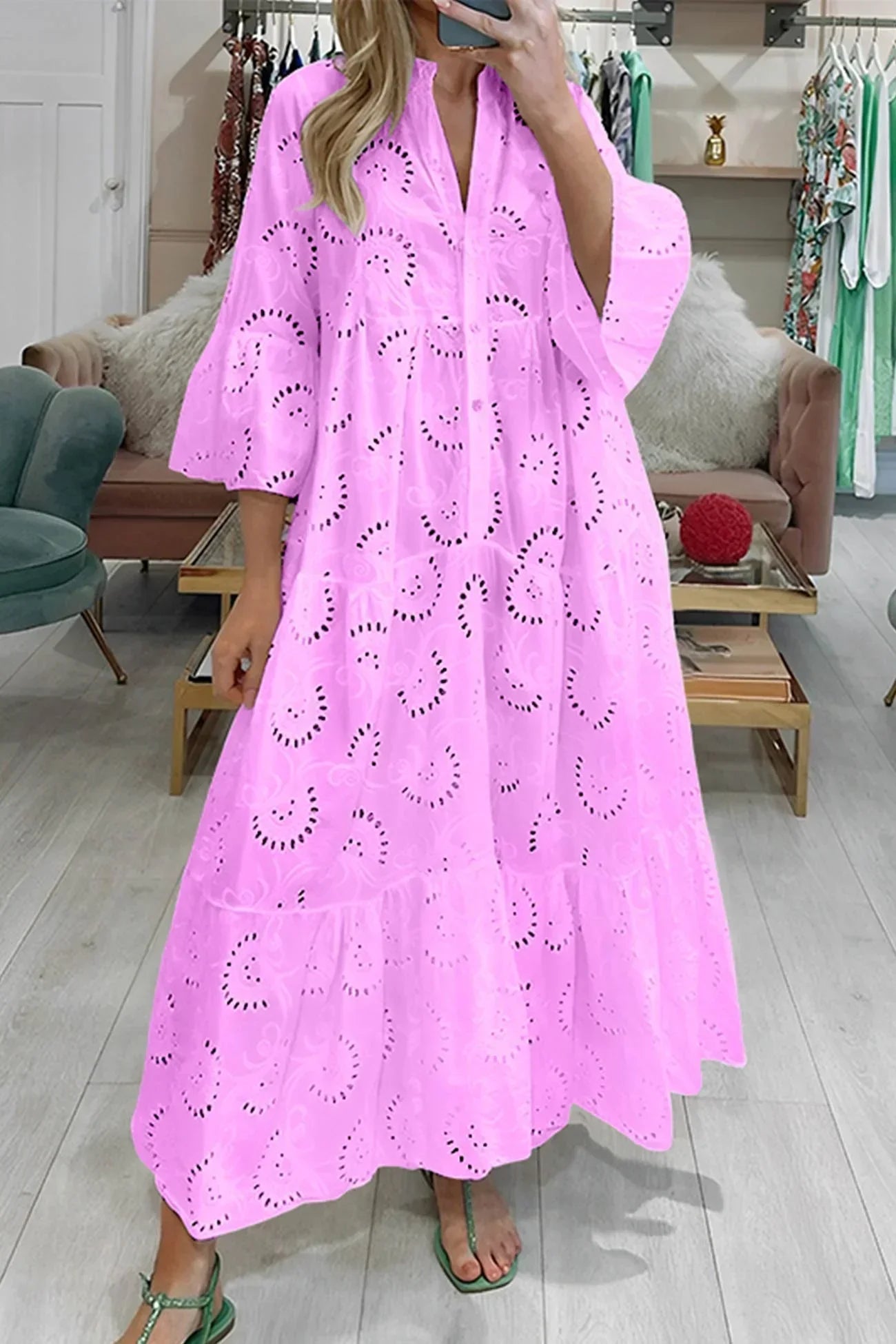 Emmy - Maxi abito estivo traforato da donna con scollo a V e maniche a 3/4
