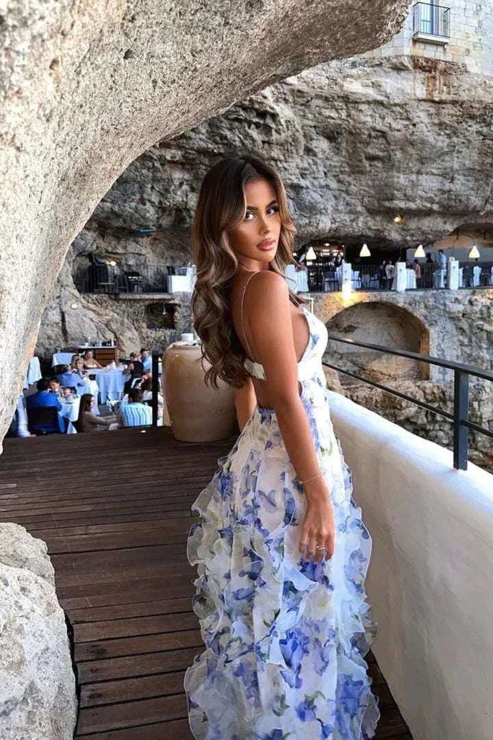 Sabrina - Women's Long white and blue floral dress with ruffles and a corset | Summer wedding guest dress - photo 2