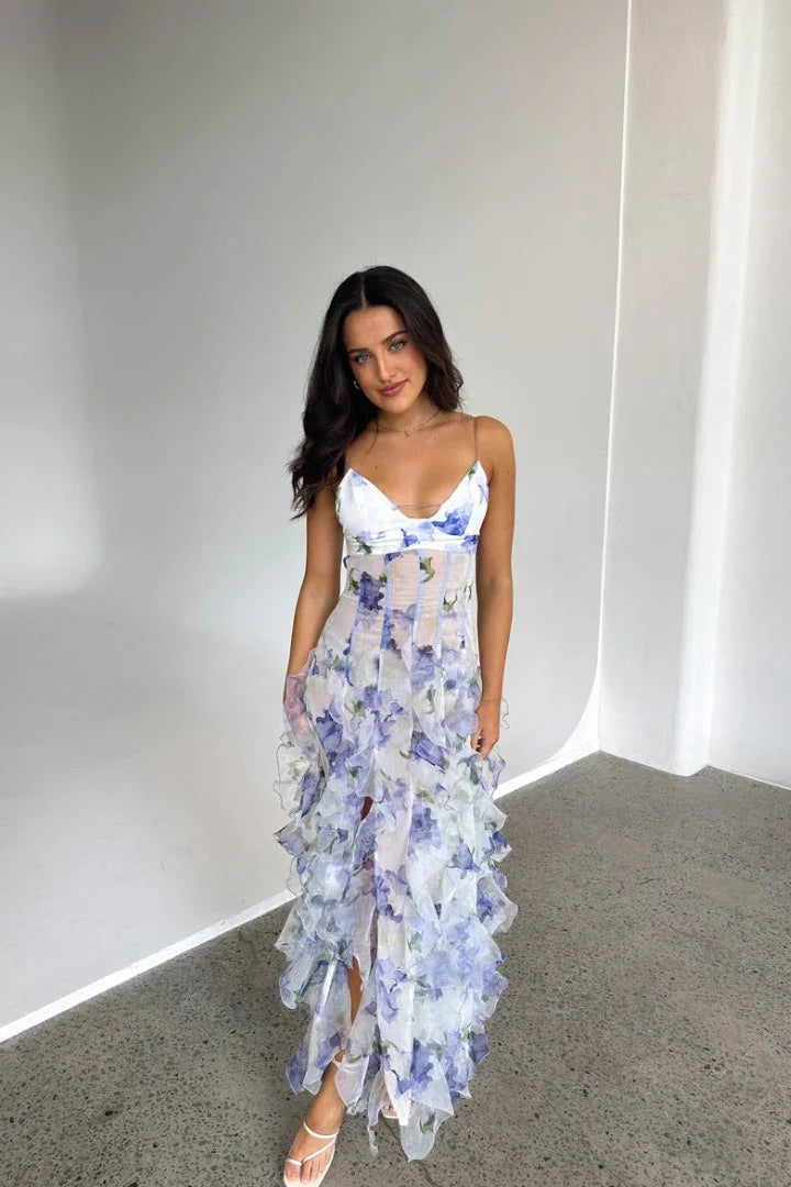 Sabrina - Women's Long white and blue floral dress with ruffles and a corset | Summer wedding guest dress - photo 4