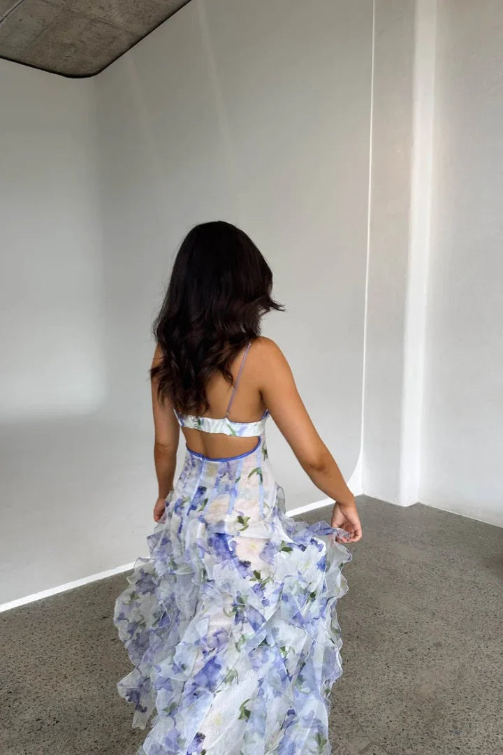 Sabrina - Women's Long white and blue floral dress with ruffles and a corset | Summer wedding guest dress - photo 5