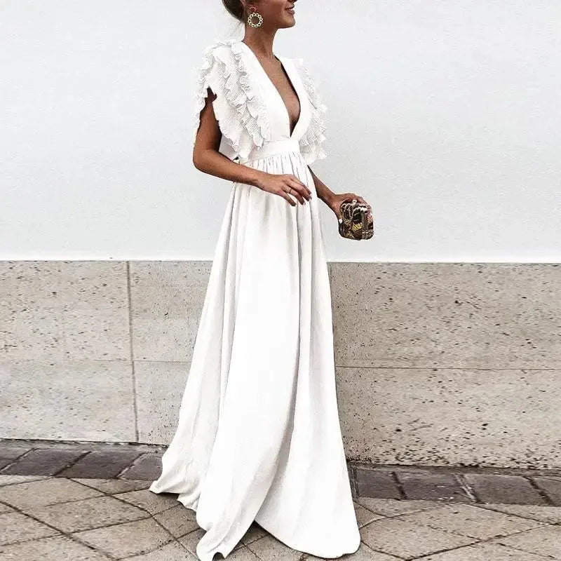 Nina - Women's long flowing dress with ruffled sleeves and a low neckline - photo 4