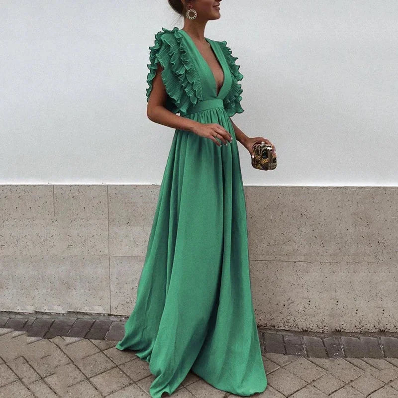 Nina - Women's long flowing dress with ruffled sleeves and a low neckline - photo 2