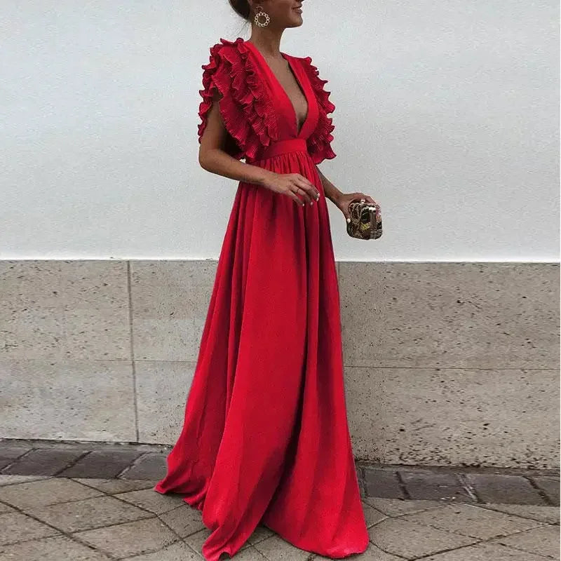 Nina - Women's long flowing dress with ruffled sleeves and a low neckline - photo 3