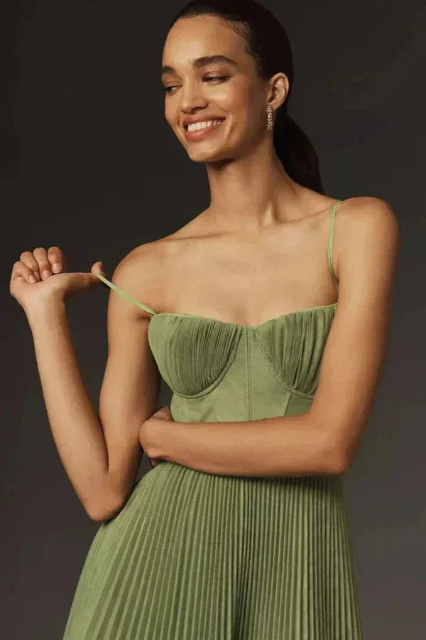 Women’s pleated Midi dress with straps in olive green - photo 2