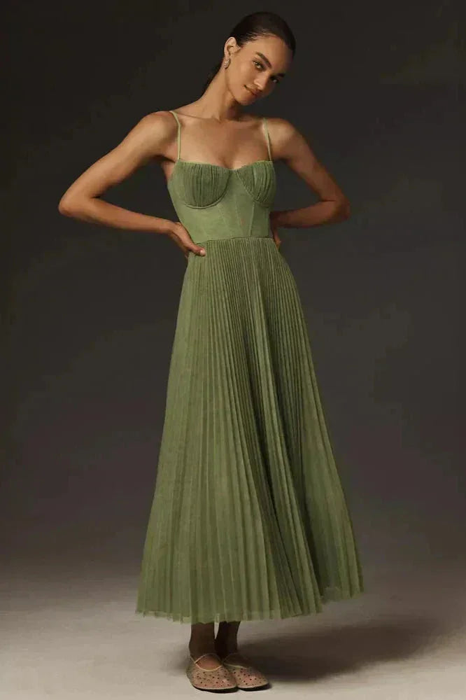 Women’s pleated Midi dress with straps in olive green - photo 1