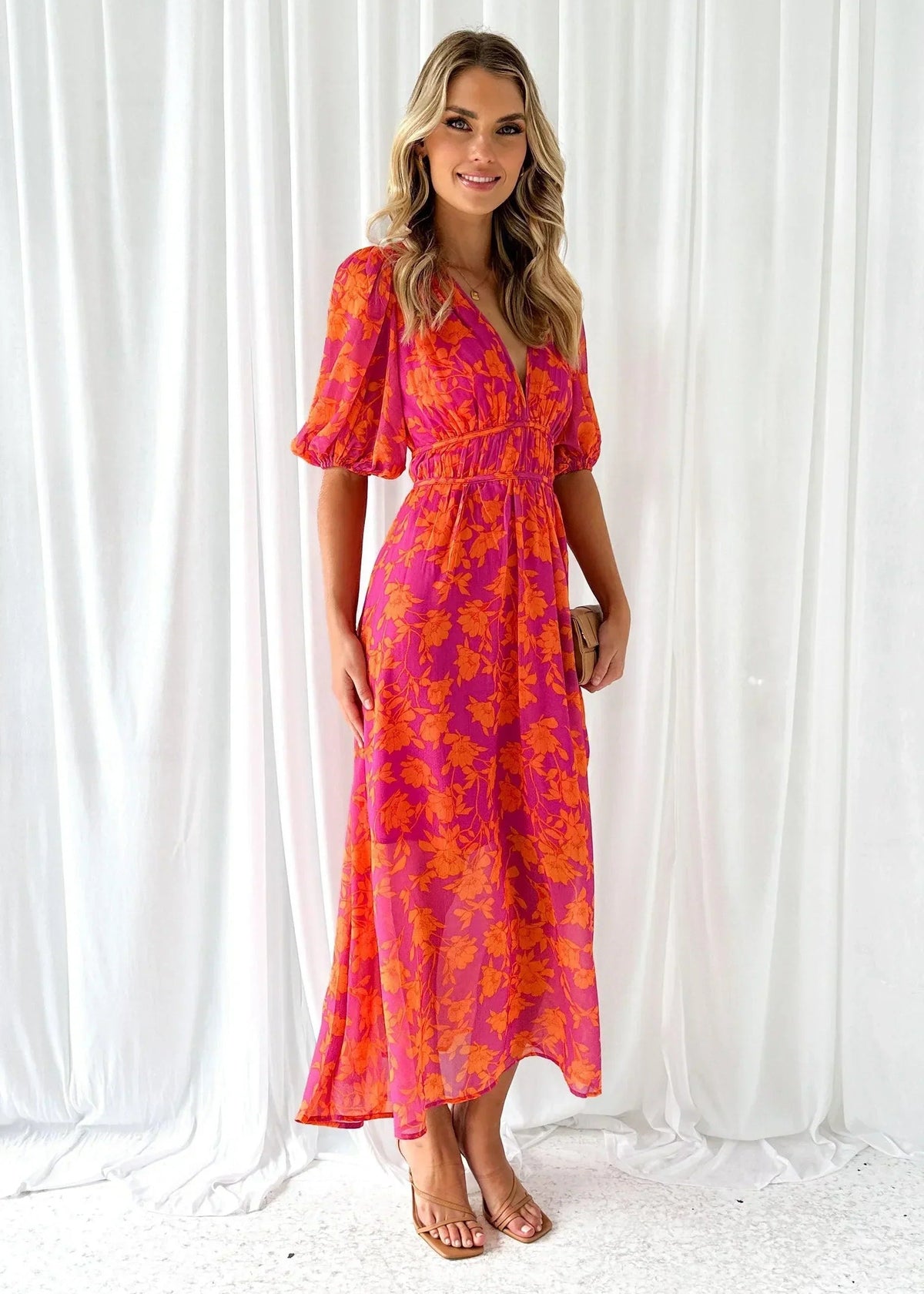 Pamela - Women's long pink floral dress with short sleeves and a V-neck - photo 4