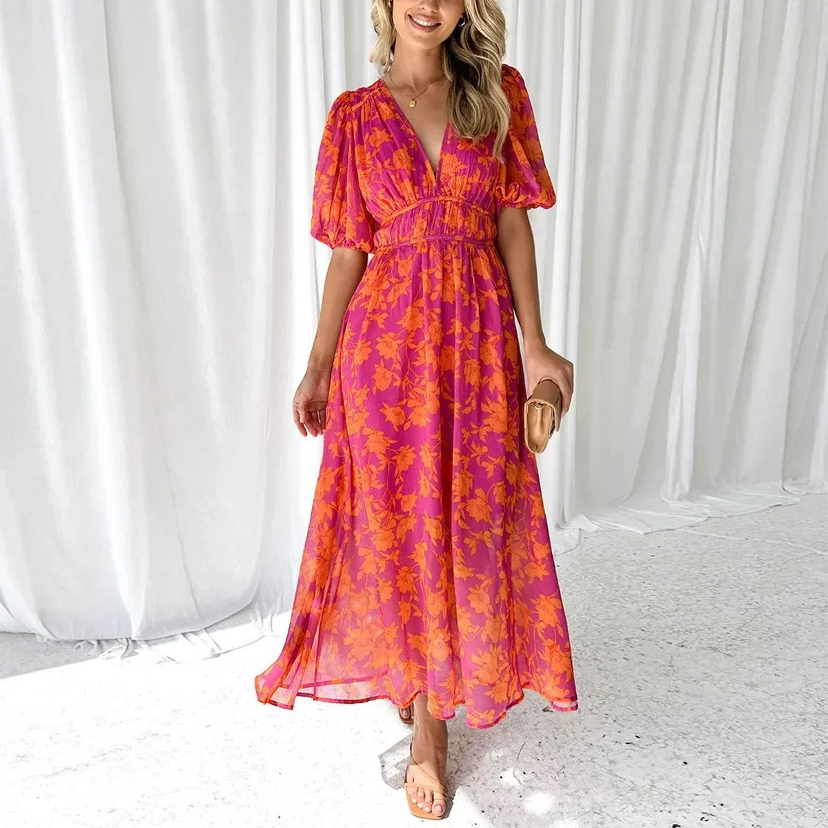 Pamela - Women's long pink floral dress with short sleeves and a V-neck - photo 3