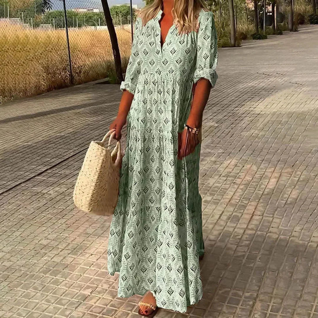 Bella - Women's long bohemian dress with V-neck and long sleeves for summer - photo 3