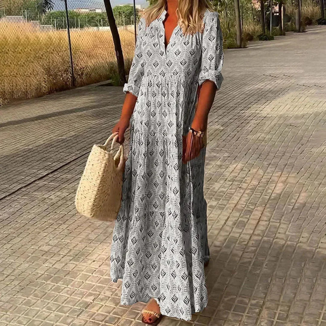 Bella - Women's long bohemian dress with V-neck and long sleeves for summer - photo 2