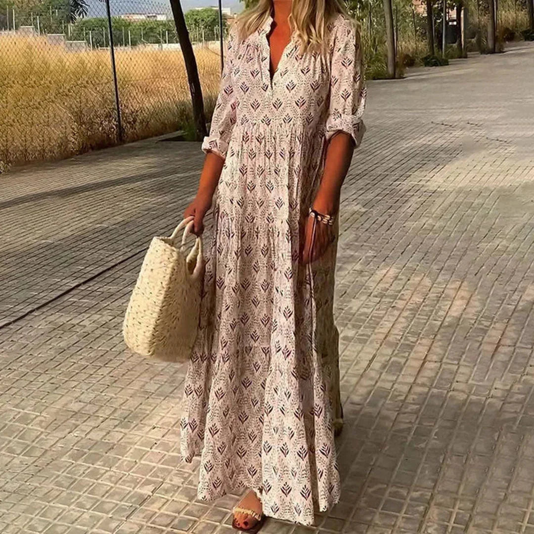 Bella - Women's long bohemian dress with V-neck and long sleeves for summer - photo 4