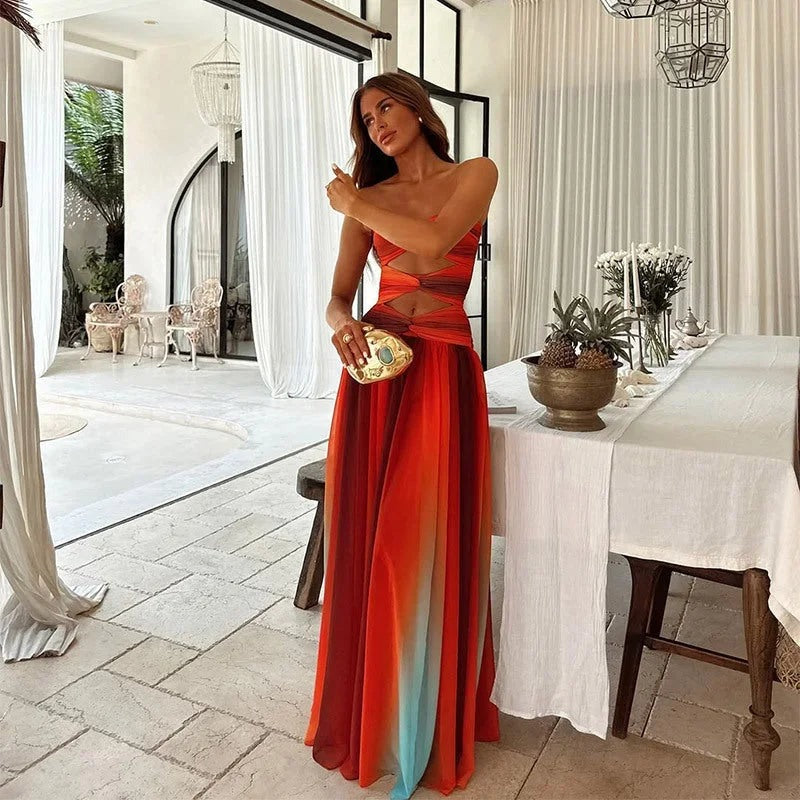 Women's summer strapless red and orange maxi dress - photo 2