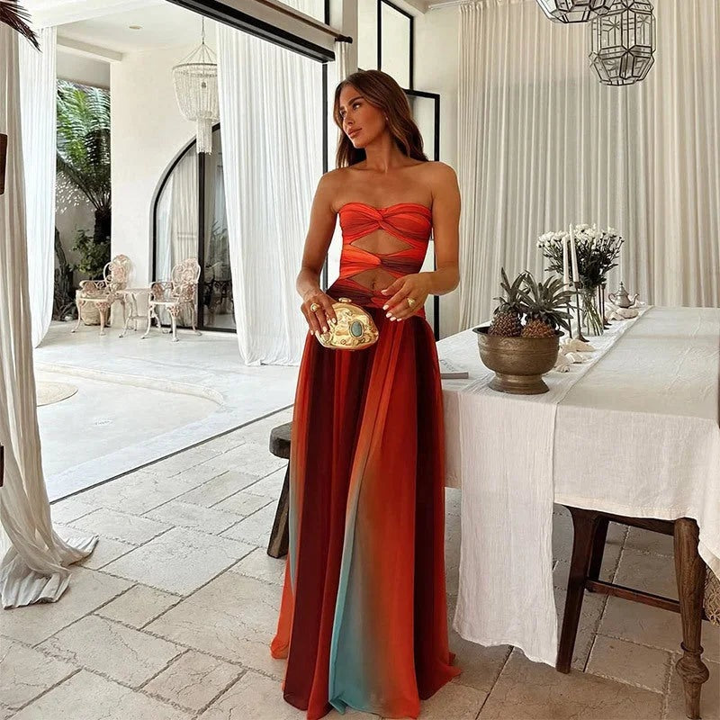 Women's summer strapless red and orange maxi dress - photo 1