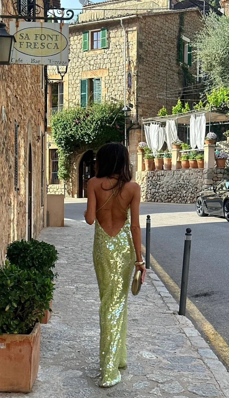 Women's evening green sequin backless maxi dress - photo 4