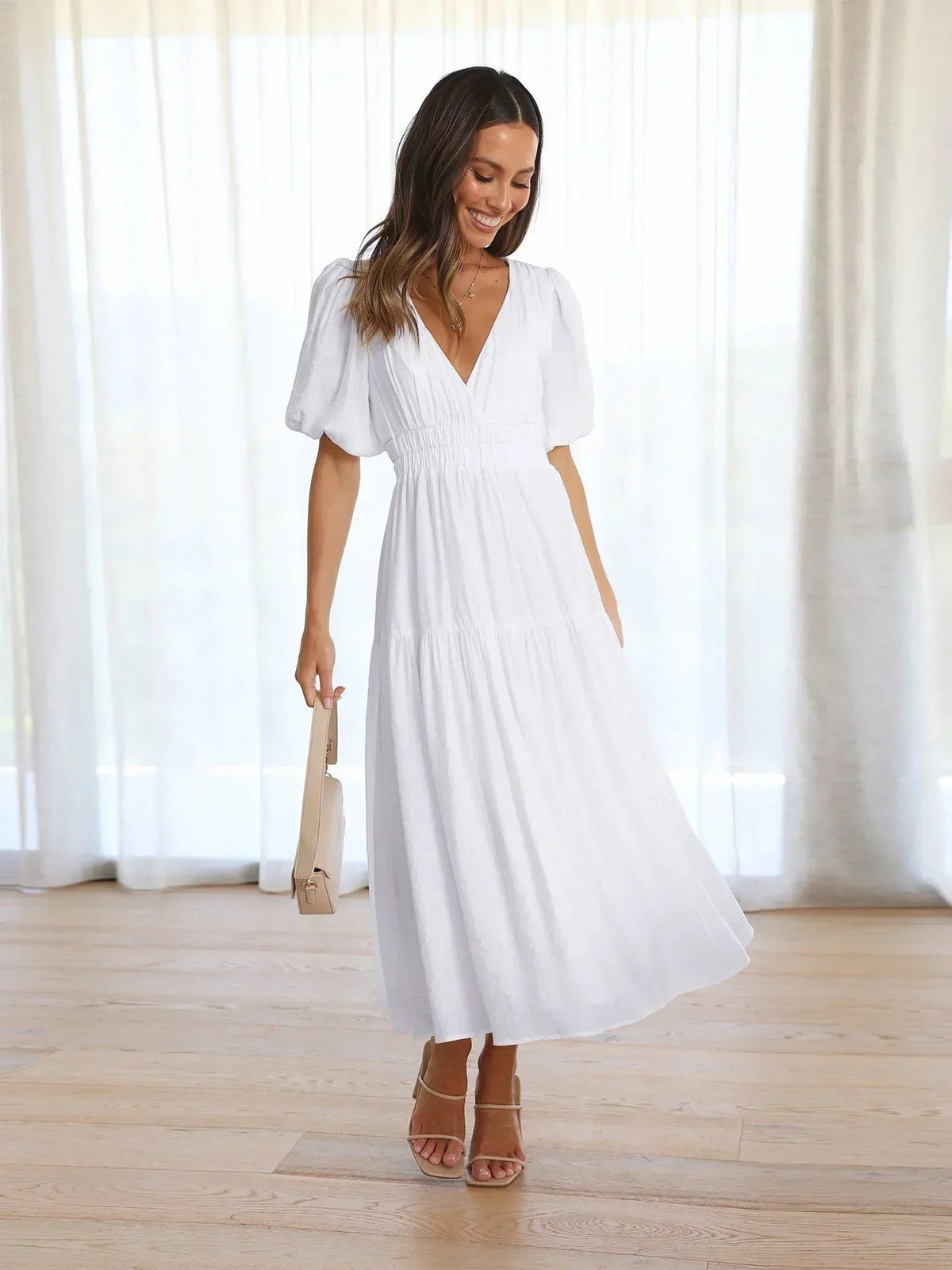 Laila - Women's midi dress with V-neck and short sleeves - photo 4
