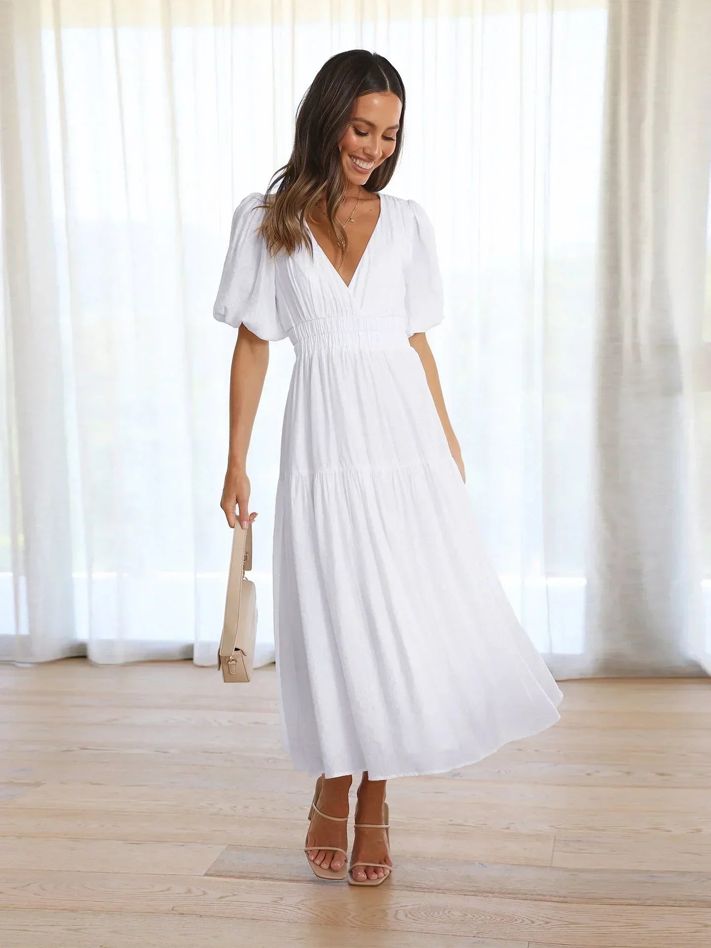 Laila - Midi abito da donna con scollo a V e maniche corte