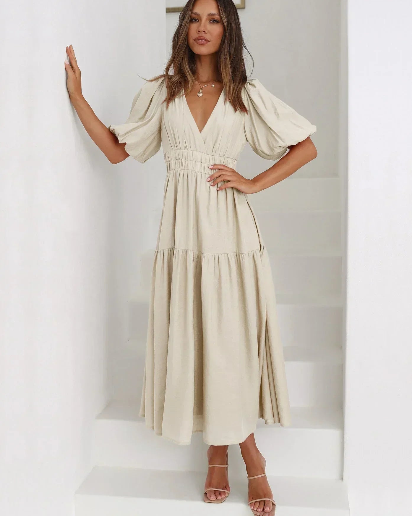 Laila - Women's midi dress with V-neck and short sleeves - photo 1