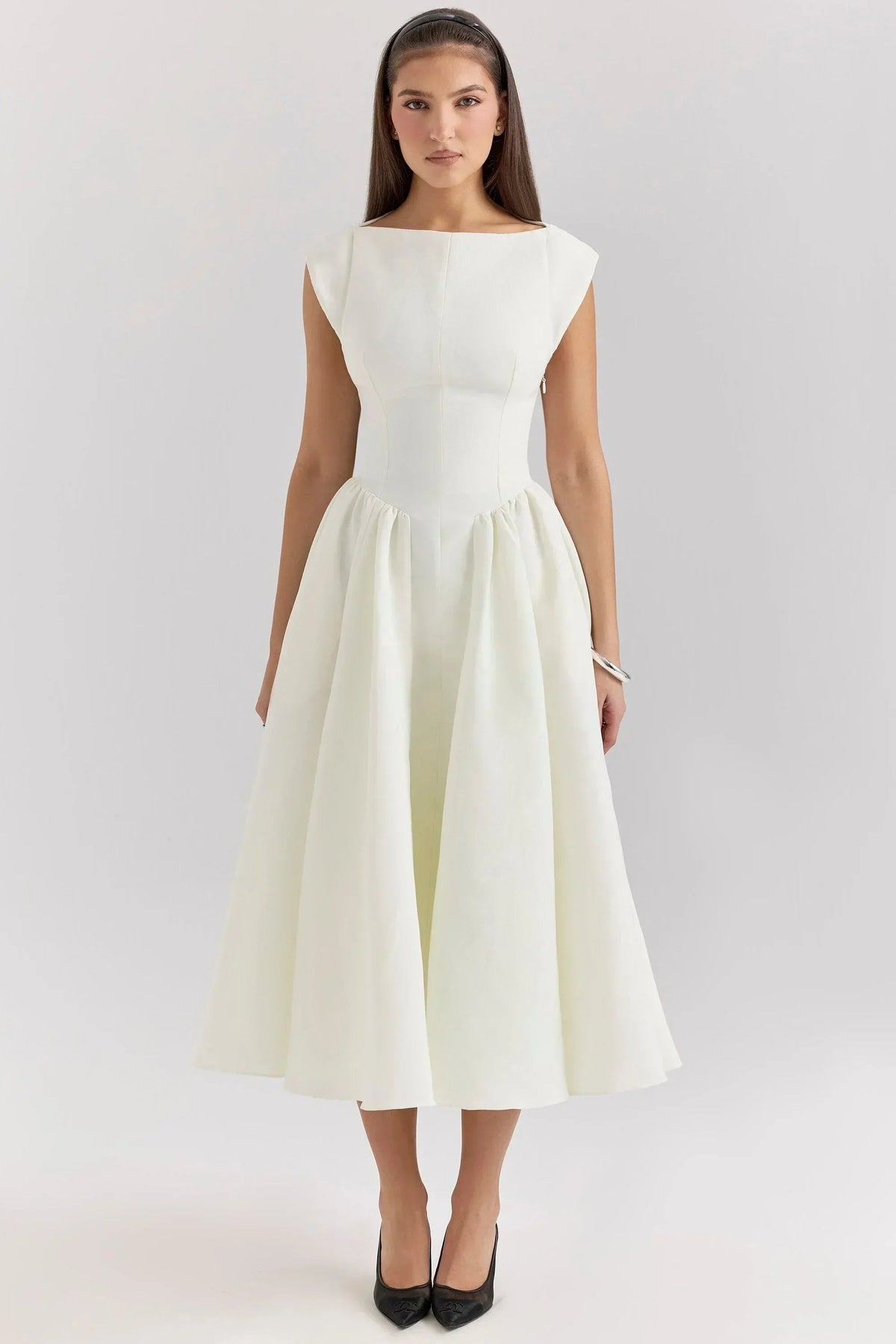 Selena - Women's Loose-fitting midi dress with short sleeves and a round neck for evening wear - photo 2