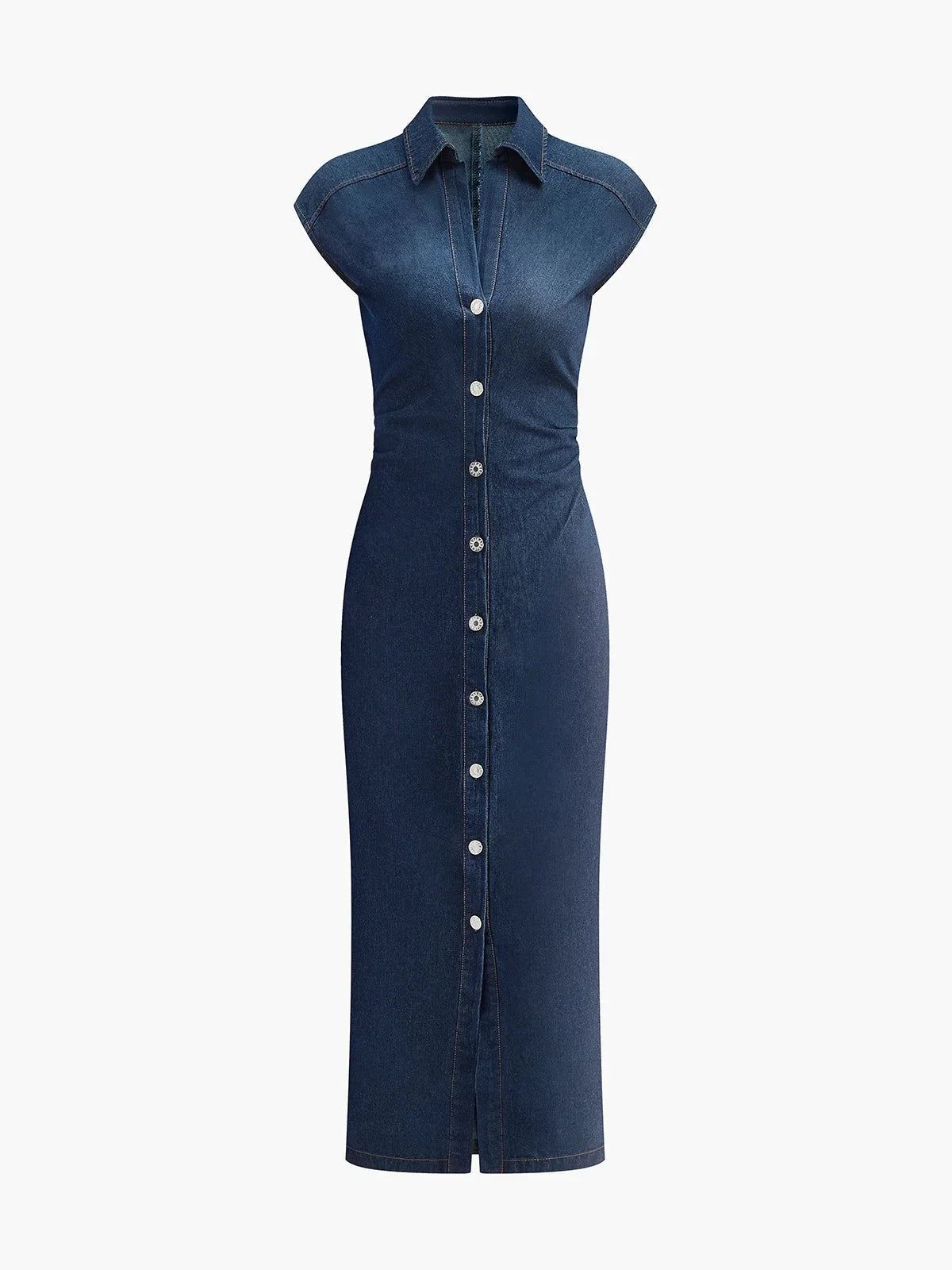 Penelope - Women's Dark blue denim midi dress with button-down V-neck and sleeveless design for the office in summer - photo 2