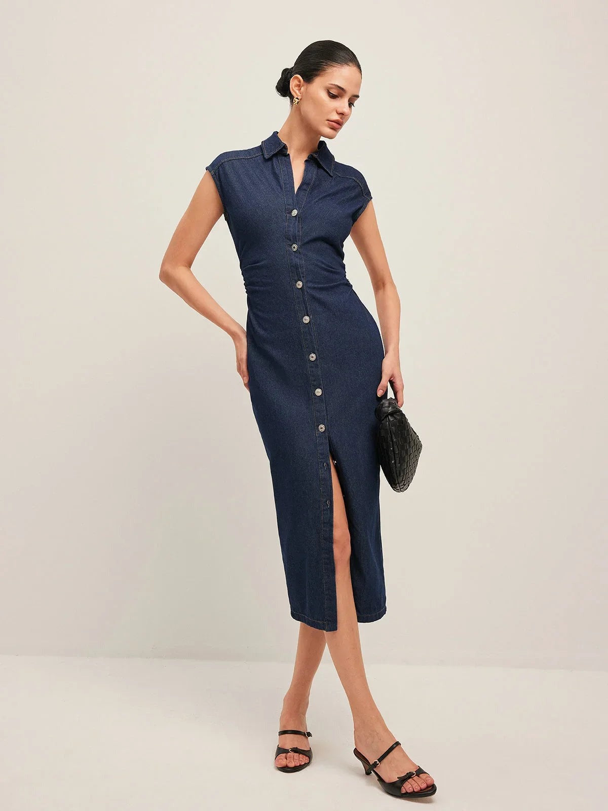 Penelope - Women's Dark blue denim midi dress with button-down V-neck and sleeveless design for the office in summer - photo 1