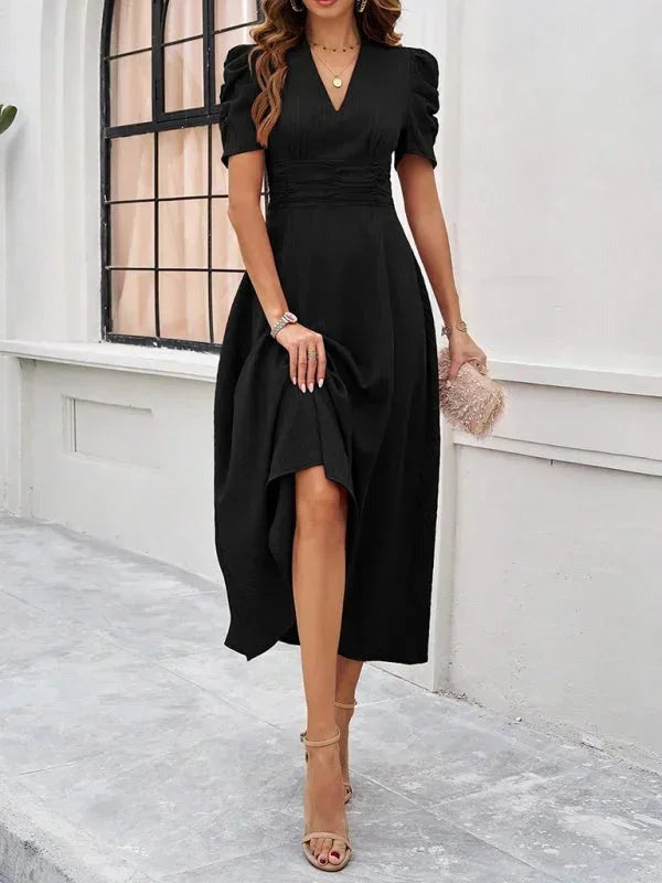 Phoebe - Women's Midi Dress with V-Neck and Puff Sleeves