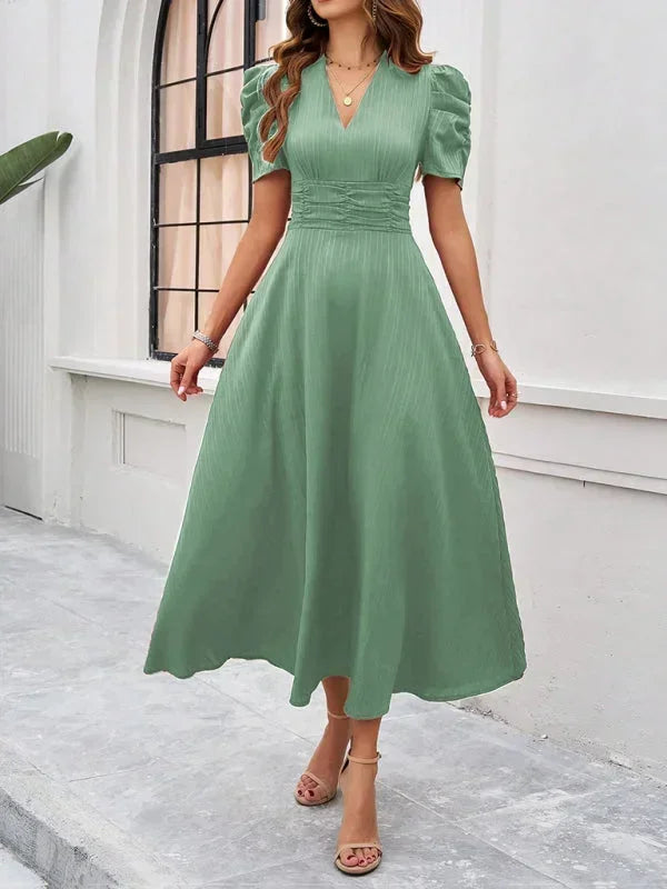 Phoebe - Abito midi da donna con scollo a V e maniche a sbuffo