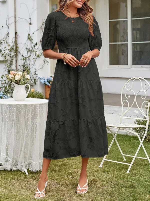 Rochie midi boho texturată pentru femei, cu volane și mâneci scurte