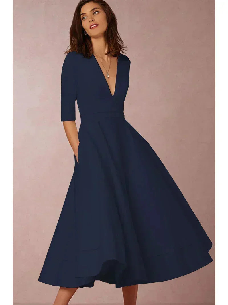 Daphne - Flared midi dress with V-neck, 3/4 sleeves and pockets - photo 5
