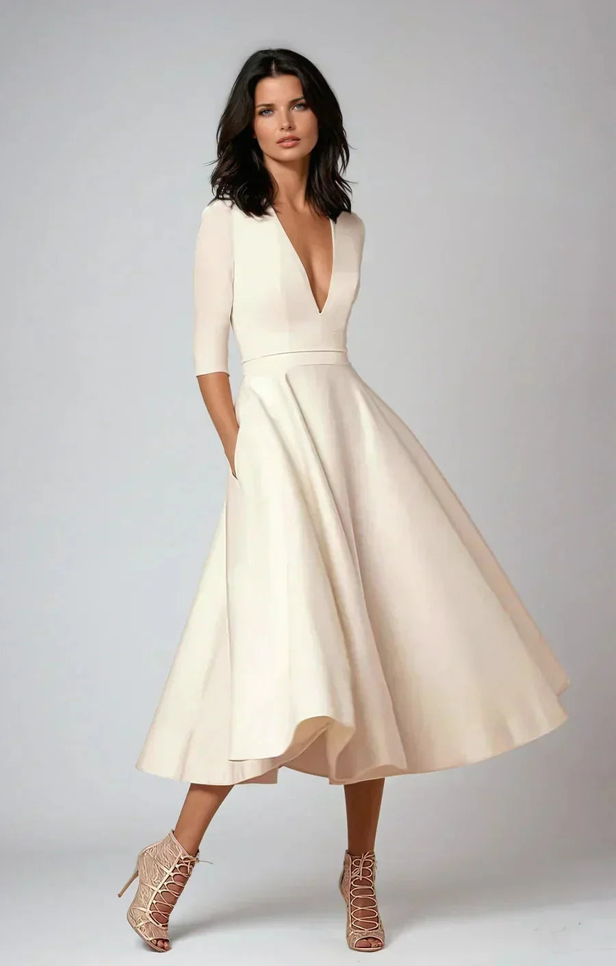 Daphne - Flared midi dress with V-neck, 3/4 sleeves and pockets - photo 1