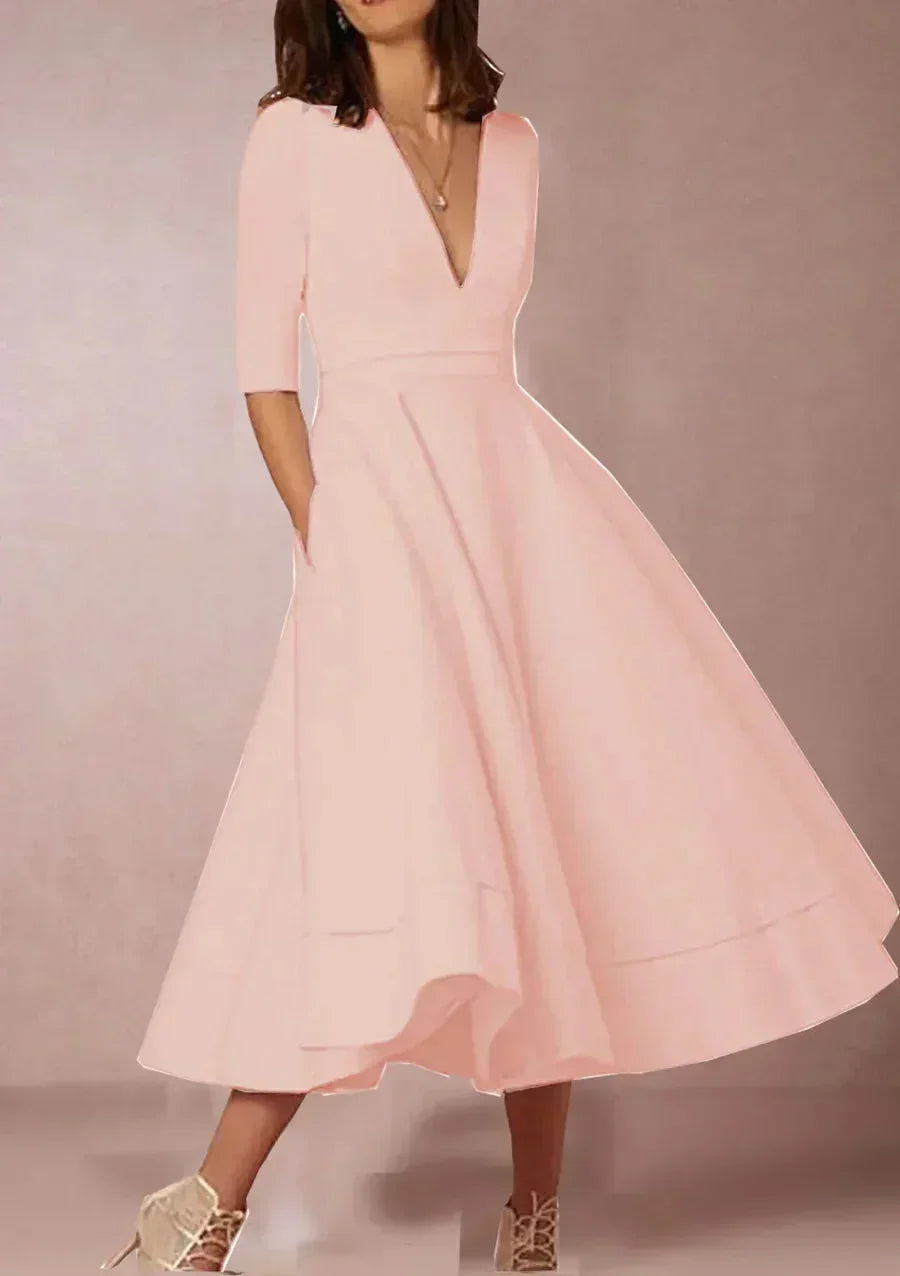 Daphne - Flared midi dress with V-neck, 3/4 sleeves and pockets - photo 3