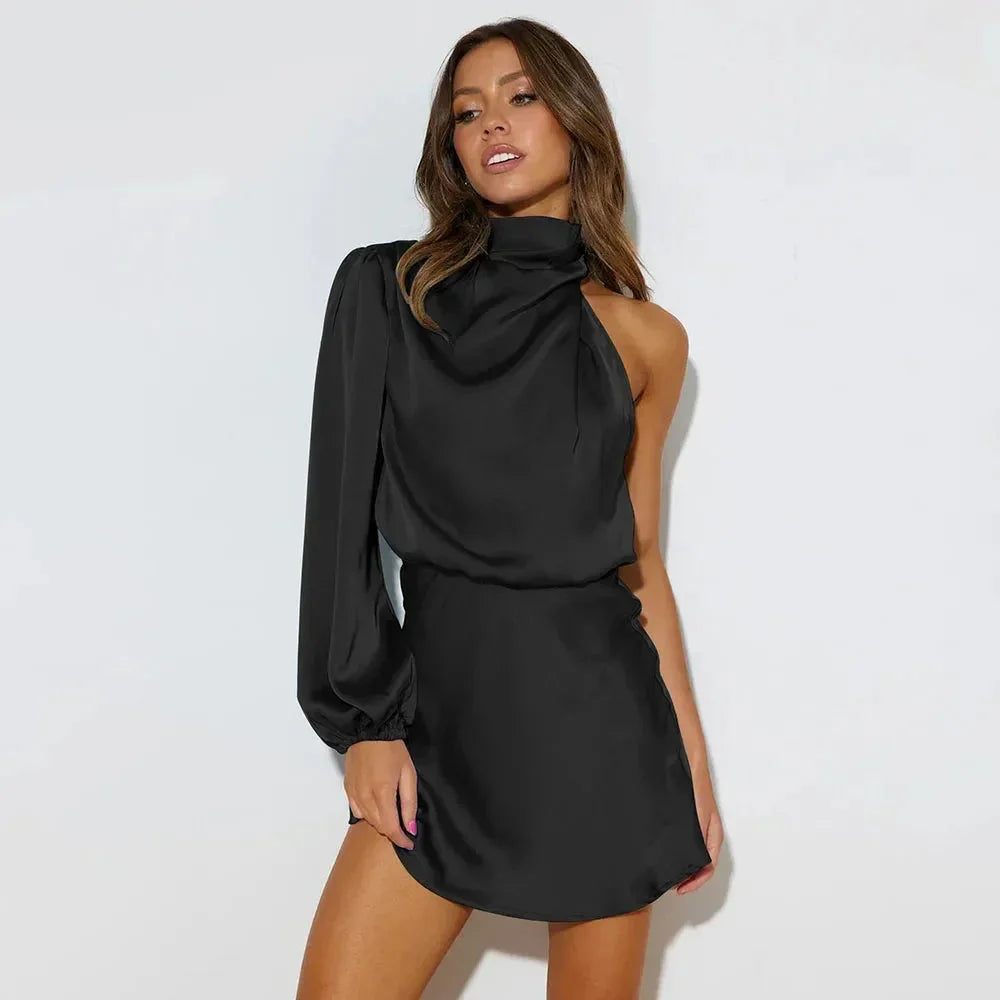 Winnie - Abito corto asimmetrico da donna con collo alto drappeggiato e maniche lunghe