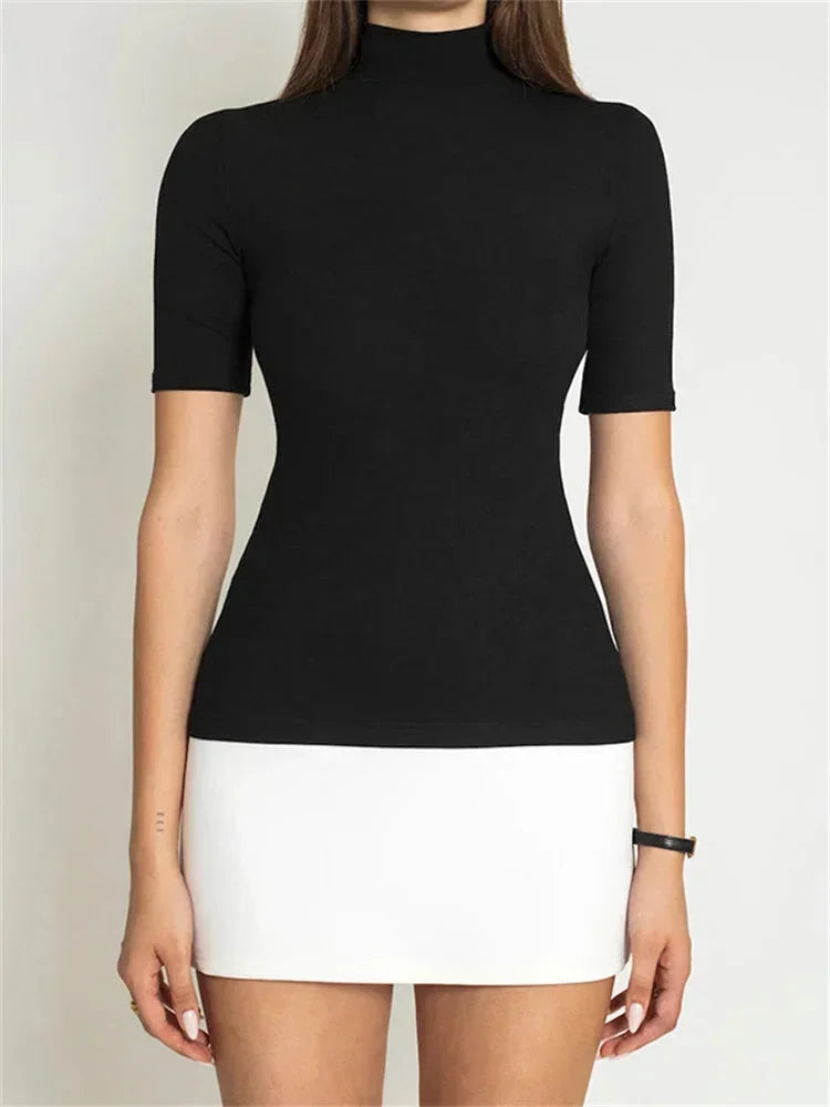 Charlotte - Women's short two-tone dress with turtleneck and short sleeves - photo 2