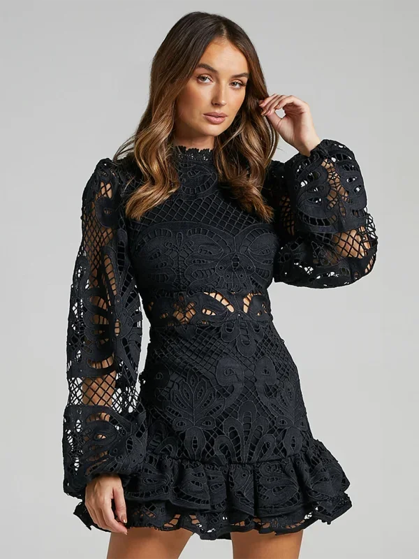 Maeve - Rochie scurtă elegantă din dantelă cu mâneci lungi, pentru seară, pentru femei