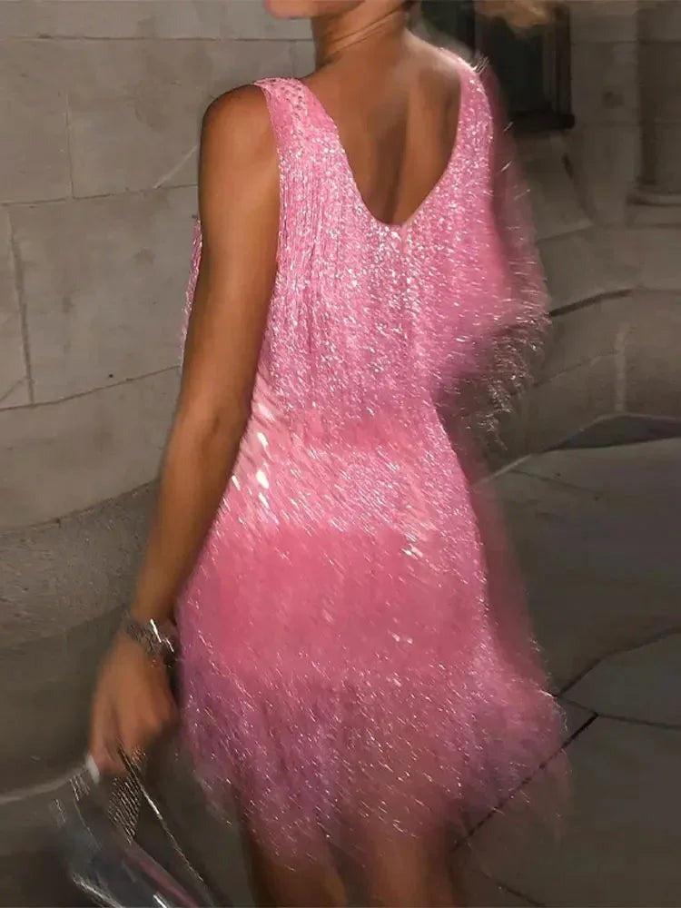 Eden - Women's short evening dress with shiny fringe and no sleeves - photo 3