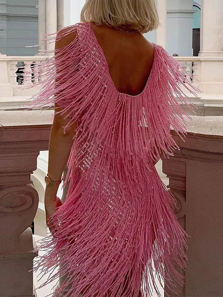 Eden - Women's short evening dress with shiny fringe and no sleeves - photo 6