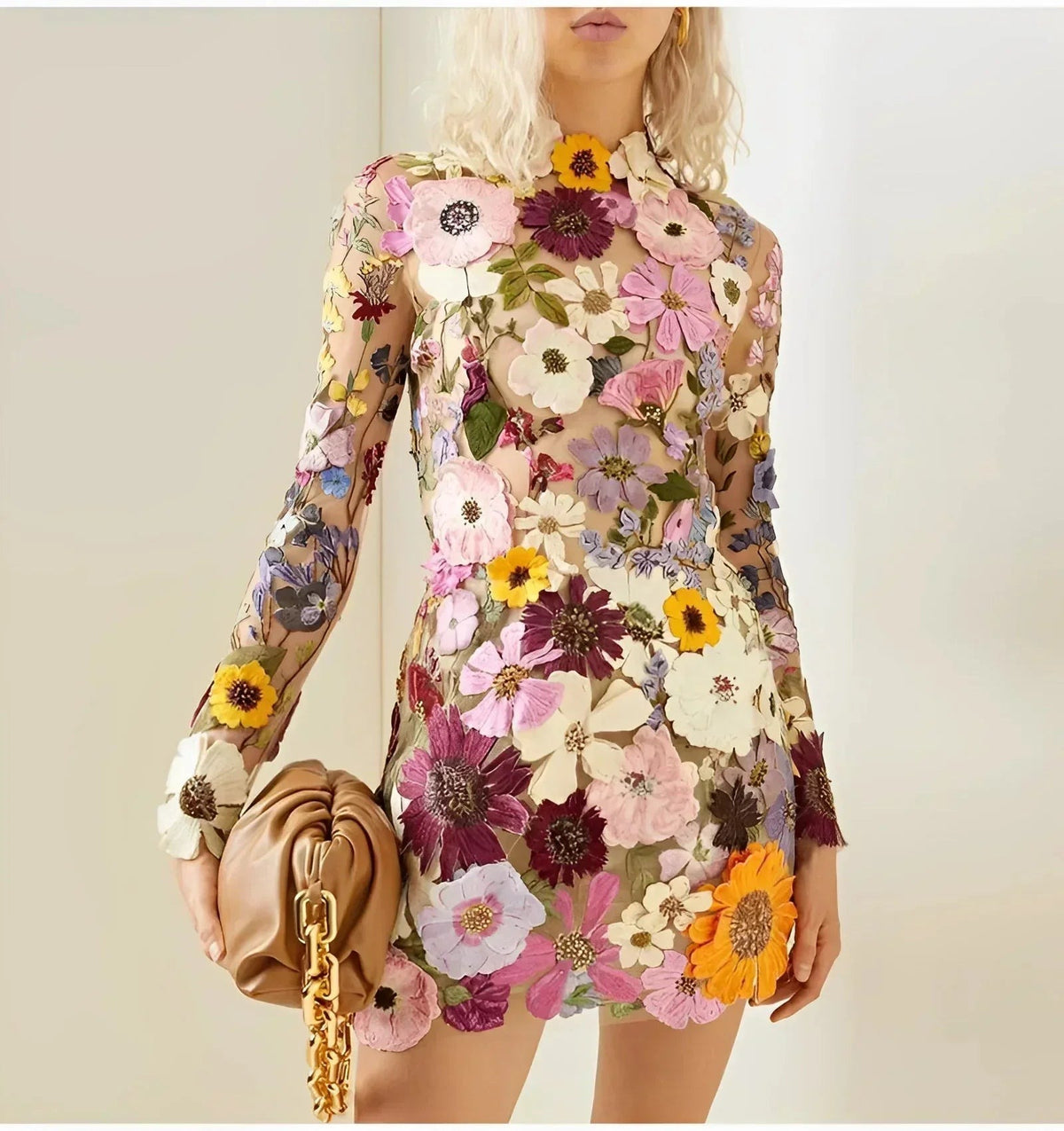Megan - Women's short sheer floral dress with long sleeves for evening - photo 1