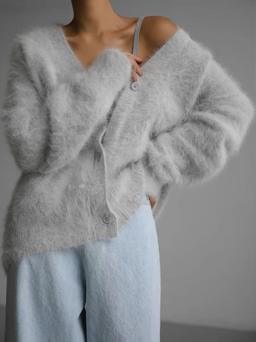 Rosalie - Women's Cardigan with Brushed Knit and Button Front