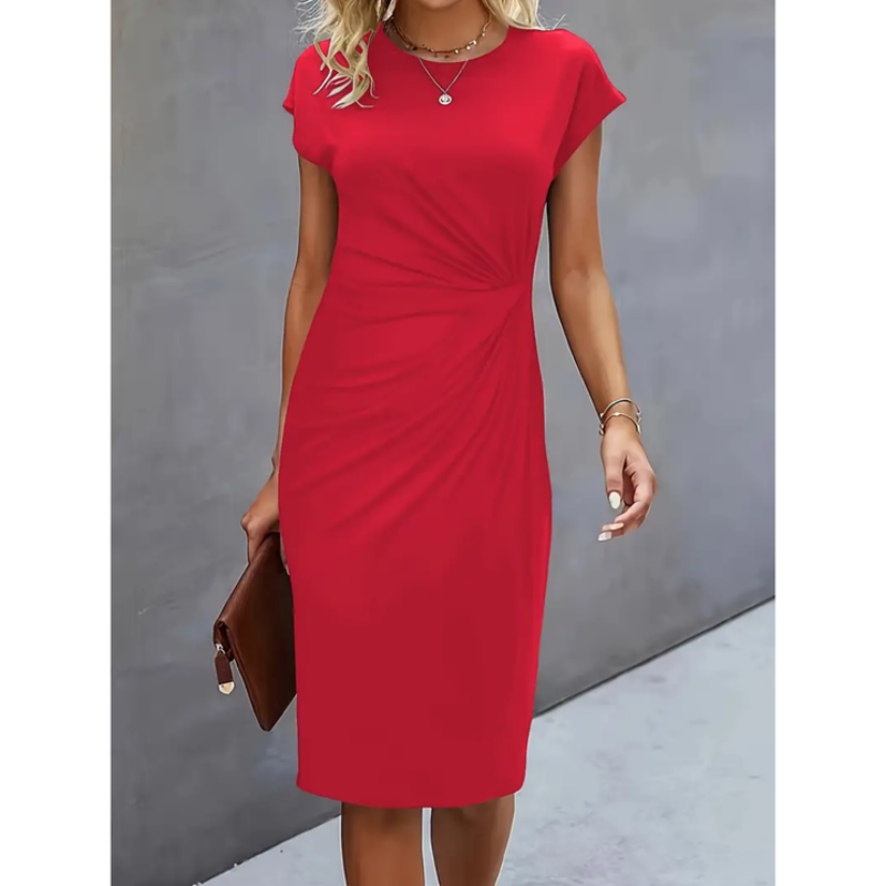 Rosetta - Women's Fitted Midi Dress with Ruching and Short Sleeves - photo 2
