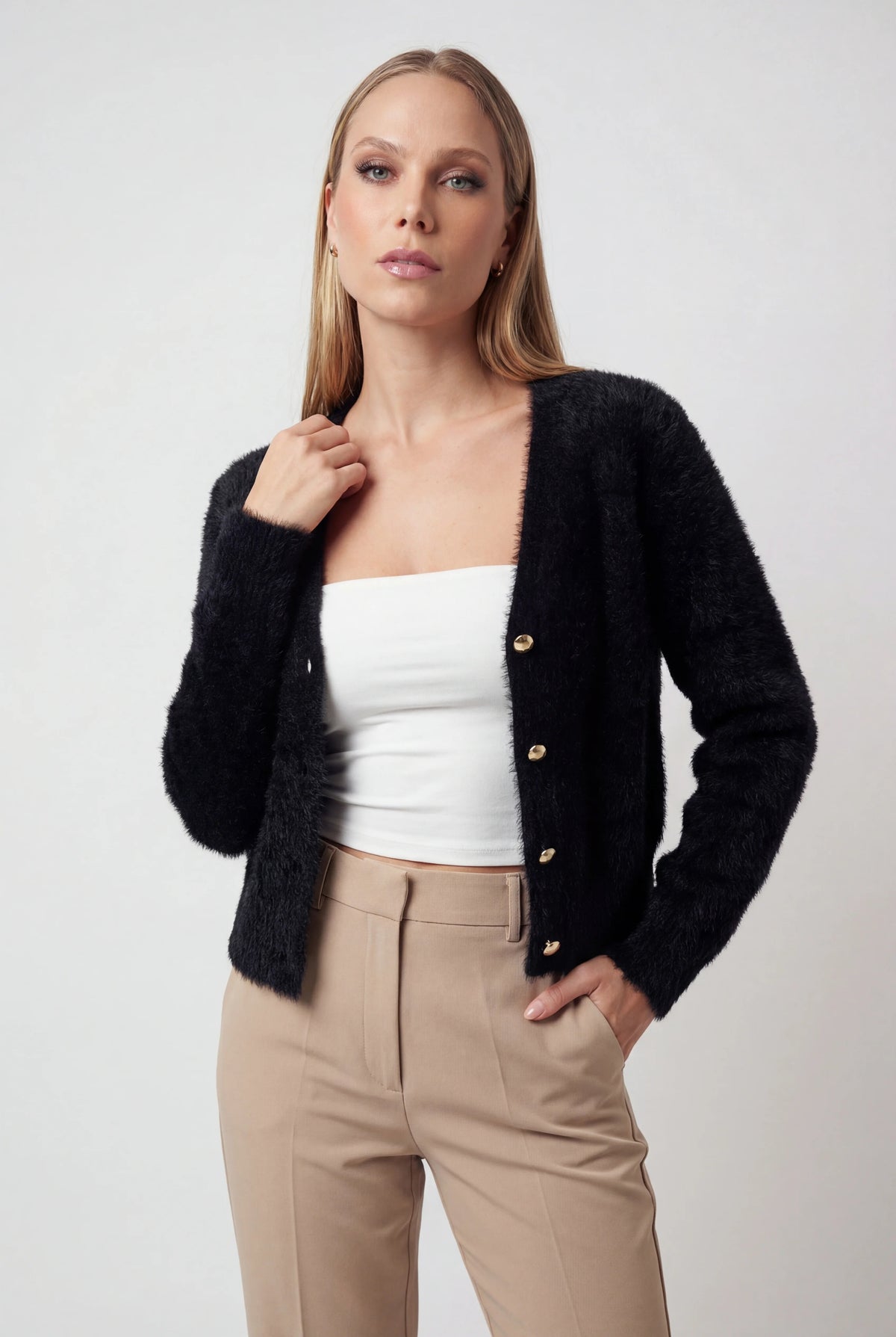 Sadie - Women's Cozy Long Black Cardigan Sweater with Open Front Design - photo 2