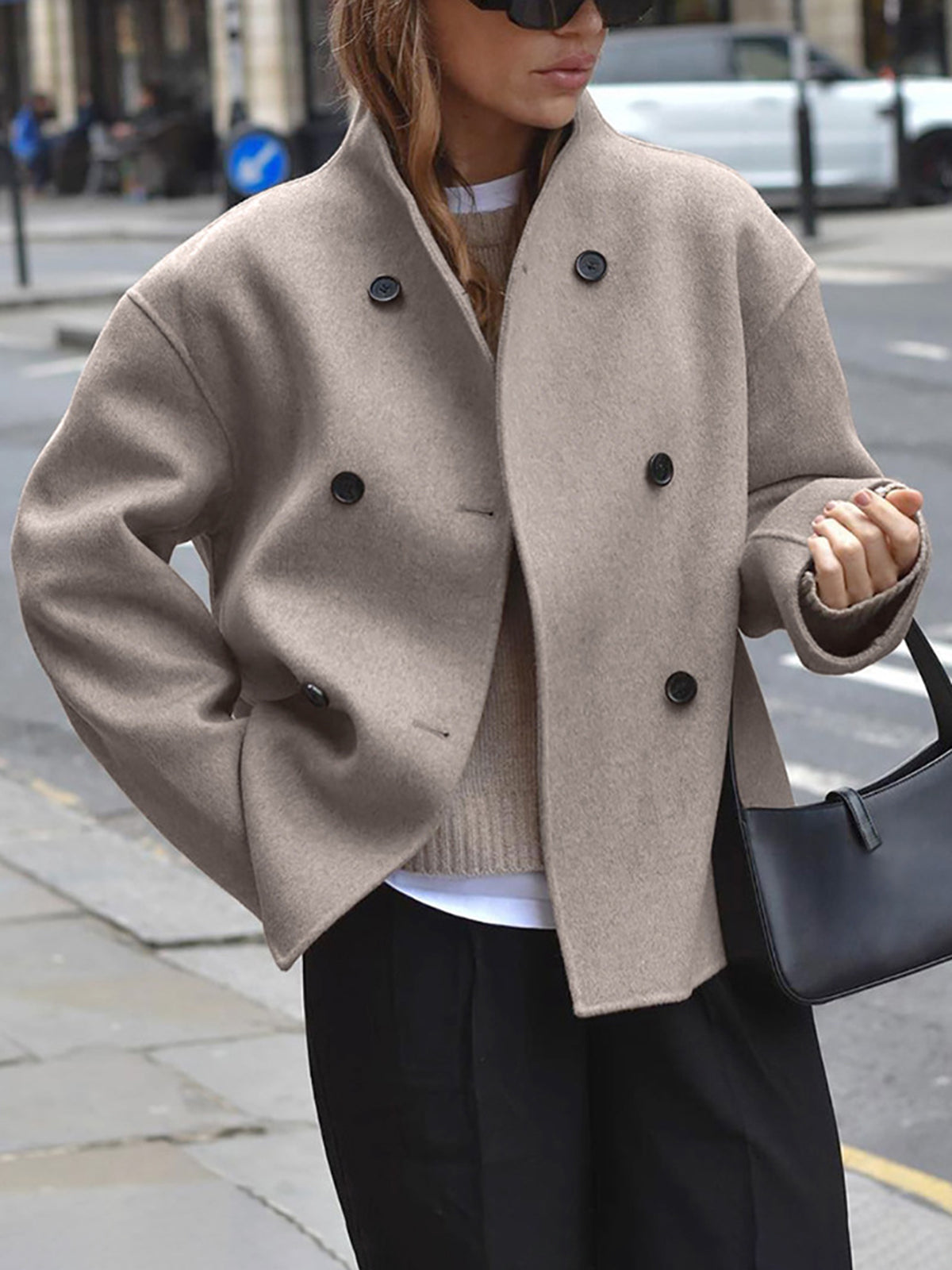 Sadie - Women's Double Breasted Black Peacoat with Stand Collar - photo 1