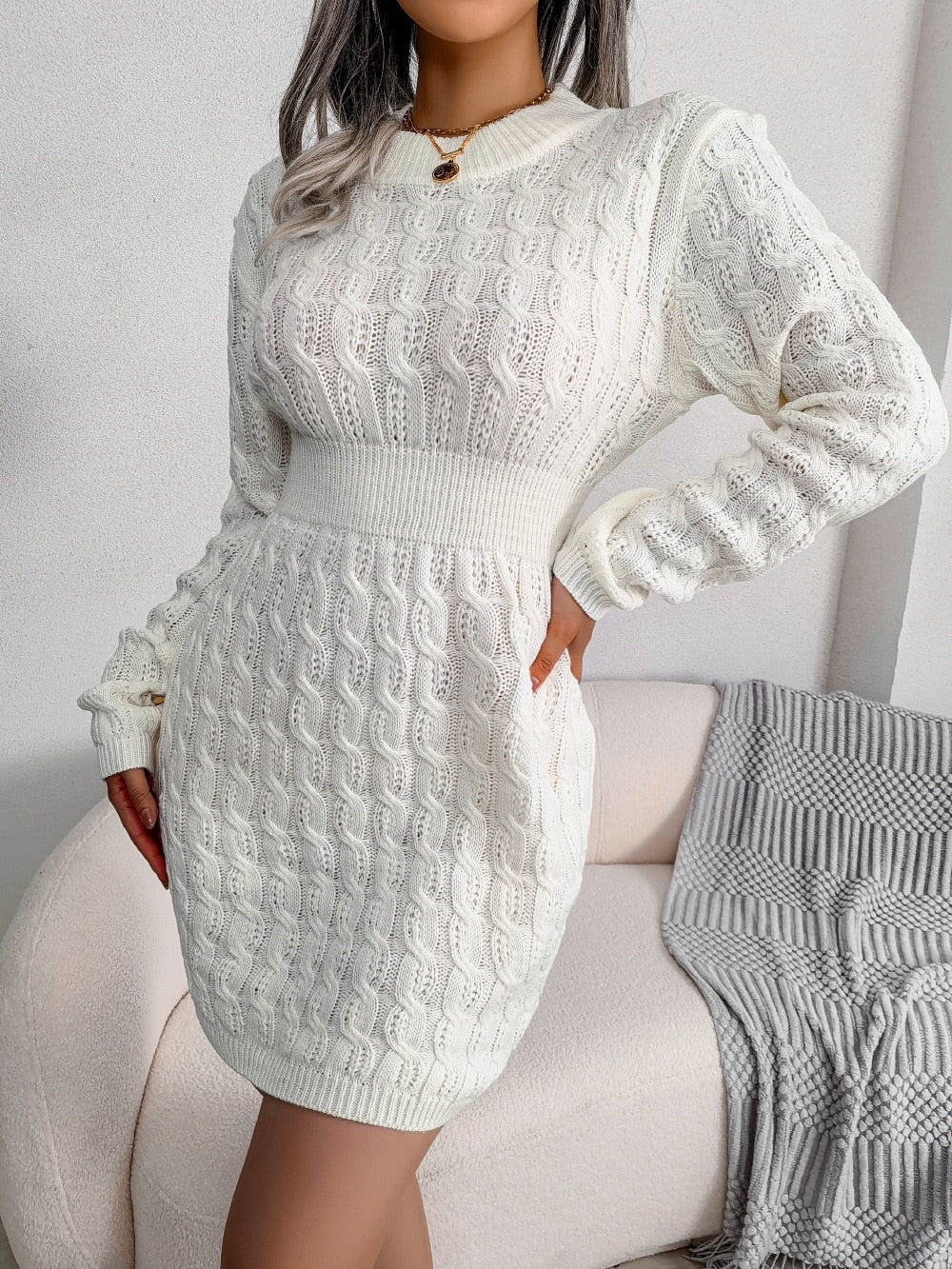 Seren - Women's Knitted Mini Dress with Long Sleeves - photo 3