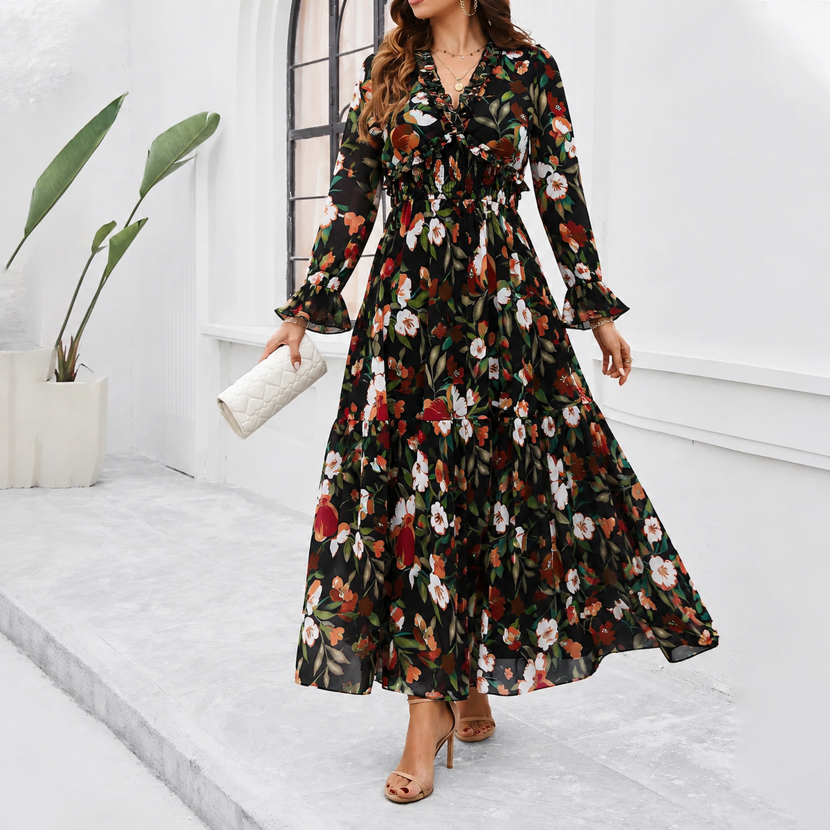 Shiela - Women's Floral Maxi Dress with Gathered Waist - photo 1