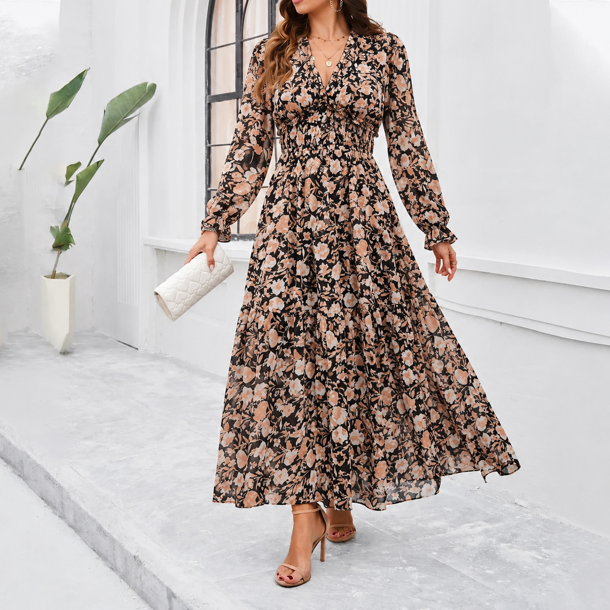 Shiela - Women's Floral Maxi Dress with Gathered Waist - photo 3